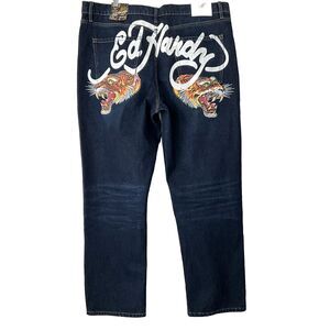Ed Hardy Jeans Men Size 42 Blue Tiger Head Y2K Loose Fit Rigid Streetwear